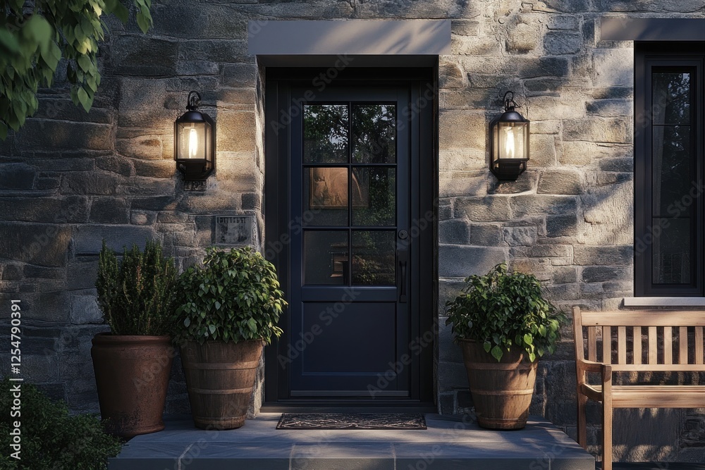 Obraz premium Evening Ambiance: Illuminated Stone House Entrance
