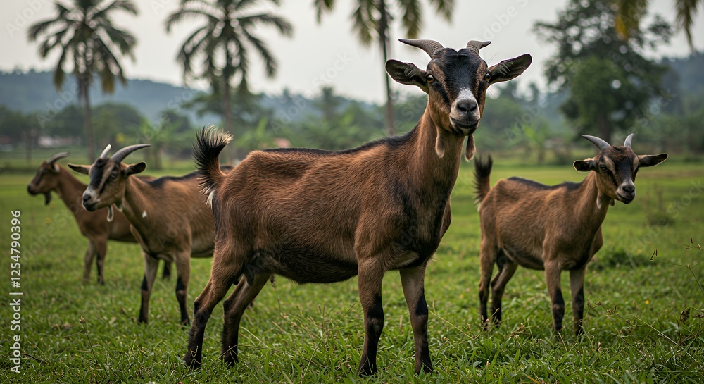Brown Goats in a Lush Green Field Brown Goats in a Lush Green Field