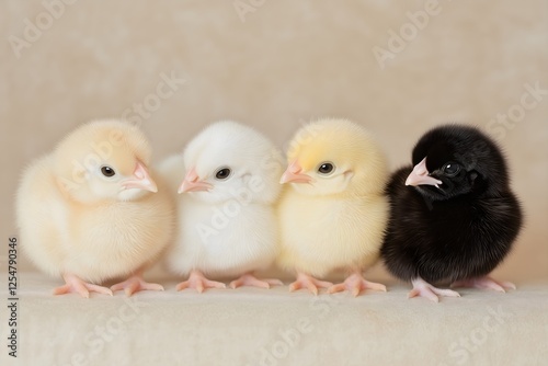 Three cute chicks, white and black, different plumage colors, easter spring, spring design, for farm animal promo, horizontal photo