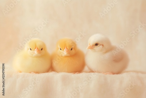 Three fluffy chicks, different colors, spring theme, Easter celebration, cute domestic fowl, for springtime design, farm animal promo, horizontal photo