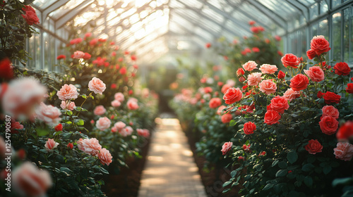 Fototapeta Naklejka Na Ścianę i Meble -  A beautiful rose garden inside a large greenhouse is bathed in soft natural sunlight streaming through the glass ceiling. Created with Generative AI.