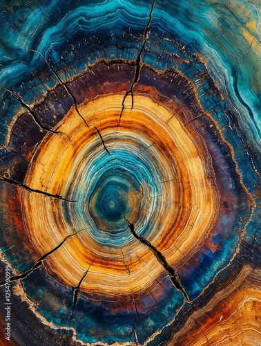 Un primer plano de un tronco de árbol, mostrando patrones circulares de colores intensos y texturas naturales.