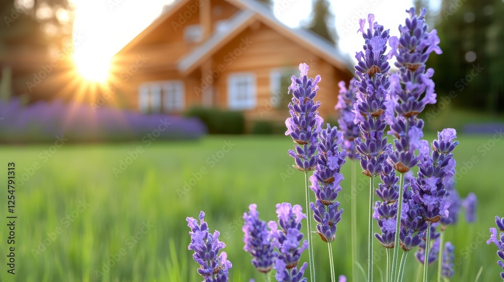 Naklejka premium Purple flowers near a small house at sunset. The flowers are in focus, while the background is slightly blurred. Sunlight filters through trees