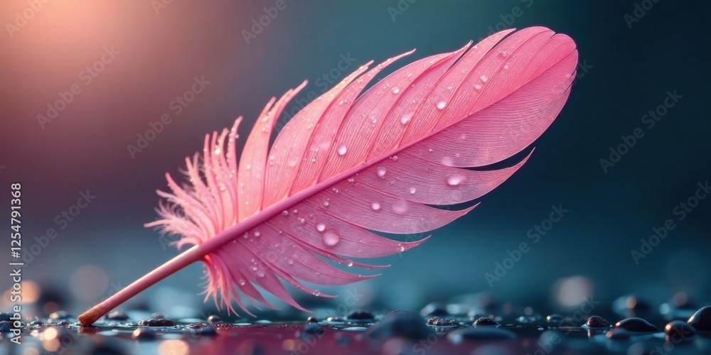 Naklejka premium A Delicate Pink Feather Adorned with Dewdrops Rests Gently on Smooth, Dark Pebbles, Illuminated by Soft, Warm Light