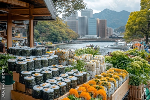 Vibrant sushi display at a bustling waterfront market with city skyline in the background photo