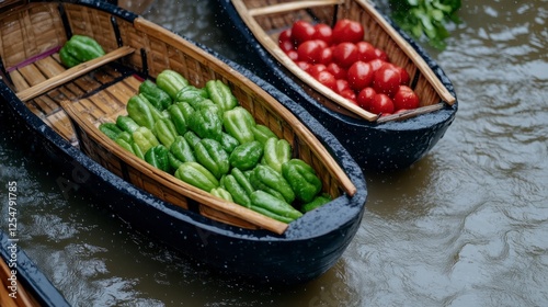 Colorful fresh vegetables in rain swept boats, vibrant green peppers and red tomatoes in wooden boats on water, market scene, rainy day, outdoor