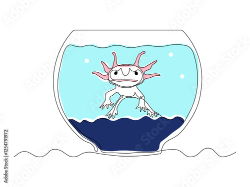 Abstract aquarium with axolotl,amphibian,larva. continuous single one line art hand drawing sketch logo