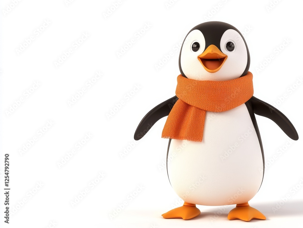Fototapeta premium Happy cartoon penguin wearing scarf, against white background, winter holiday greeting card illustration
