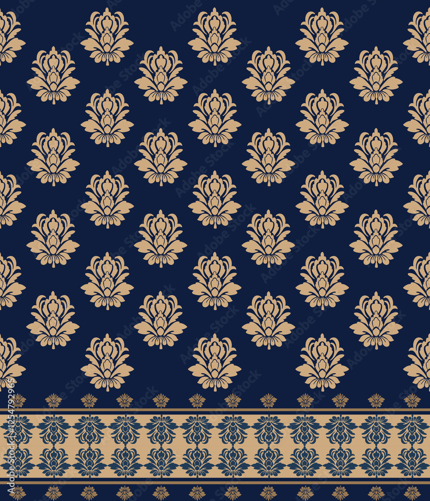 Damask seamless pattern with light brown ornament on dark blue background. Design for wallpapers , carpet and textile Damask seamless pattern with light brown ornament on dark blue background. Design for wallpapers , carpet and textile