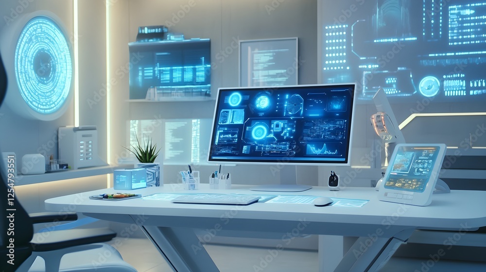 A home office equipped with an automated standing desk, digital screens, and a large white frame. A home office equipped with an automated standing desk, digital screens, and a large white frame.