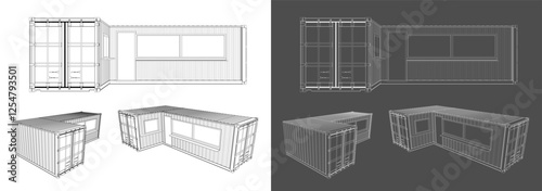 Isometric and Orthographic Container building Technical Blueprint Illustration