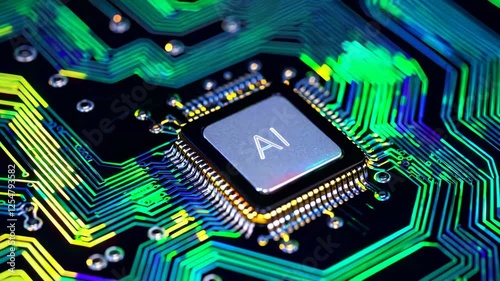 Microchip with ai technology on vibrant circuit board, close-up view. Innovation and tech advancement concept