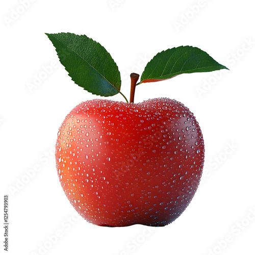 Red Apple with Water Droplets, Isolated on White Background, Shiny and Fresh Fruit with Two Leaves