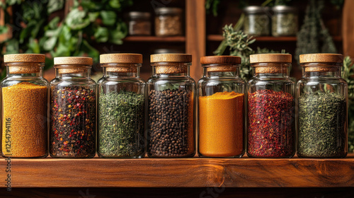 Fototapeta Naklejka Na Ścianę i Meble -  Spices and dried herbs arranged in clear jars with labels in a kitchen setting
