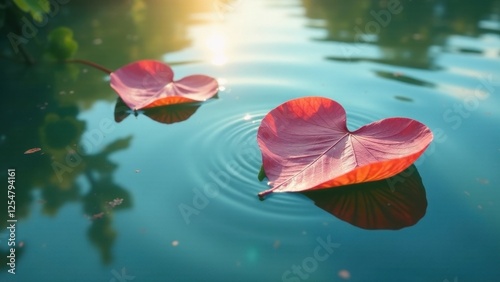Serene autumn leaves afloat on tranquil water, reflecting sunlight, creating a peaceful and heartwarming scene.