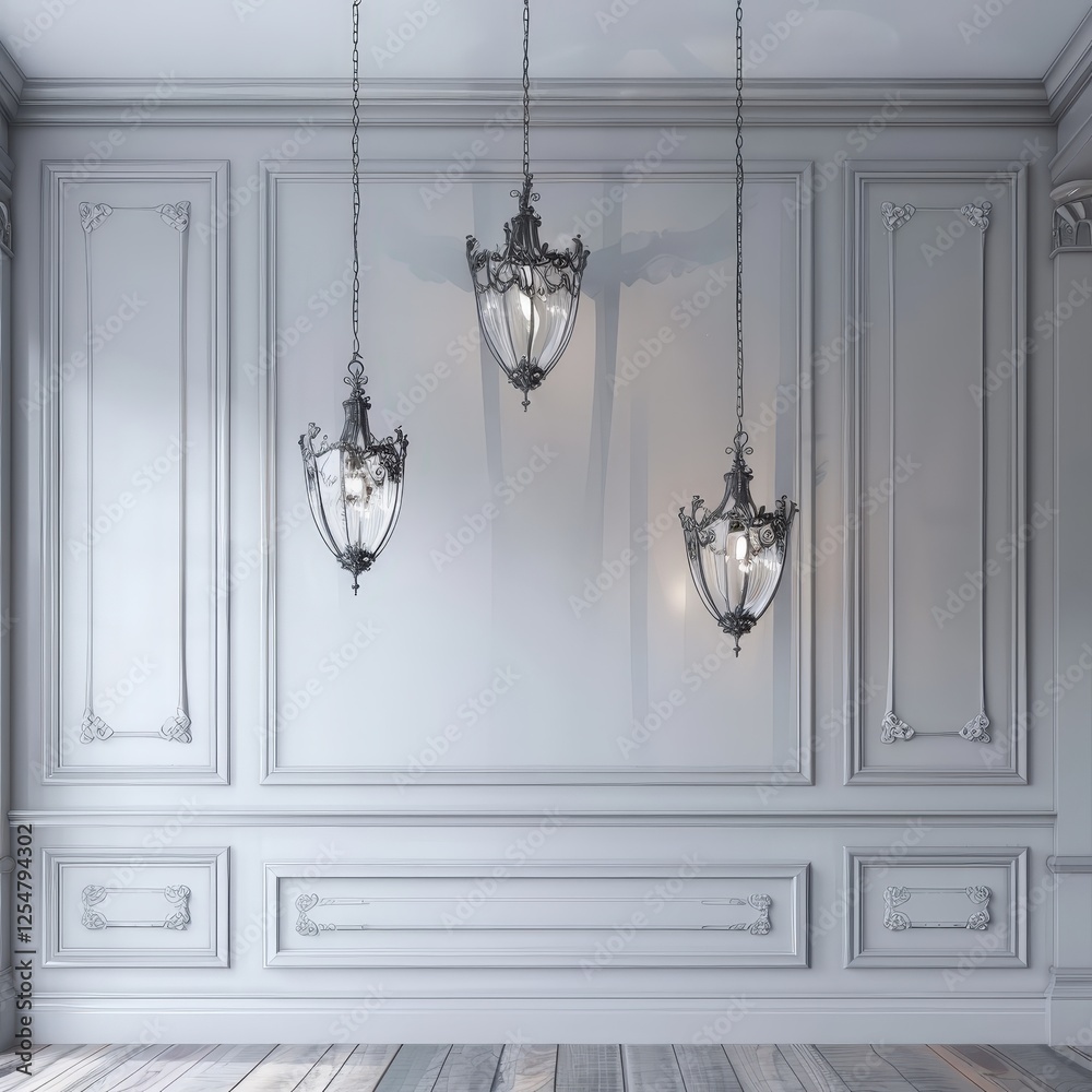 Fototapeta premium Three ornate. glass and metal pendant lights hang from the ceiling against a backdrop of white. paneled walls and wooden floors in a minimalist. modern interior design setting