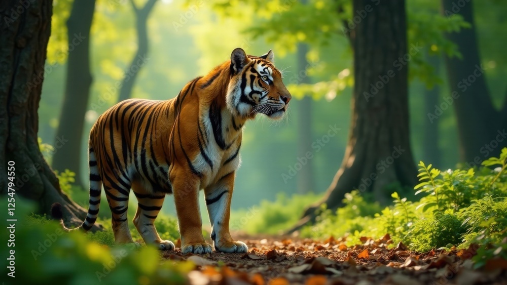 Fototapeta premium Majestic tiger gracefully strolls through a sun-dappled forest, its vibrant stripes contrasting with the lush green foliage.