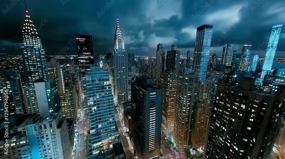 Fototapeta premium High angle view of a cityscape at night, illuminated by numerous lights in skyscrapers, under a dark cloudy sky. The image shows a variety of