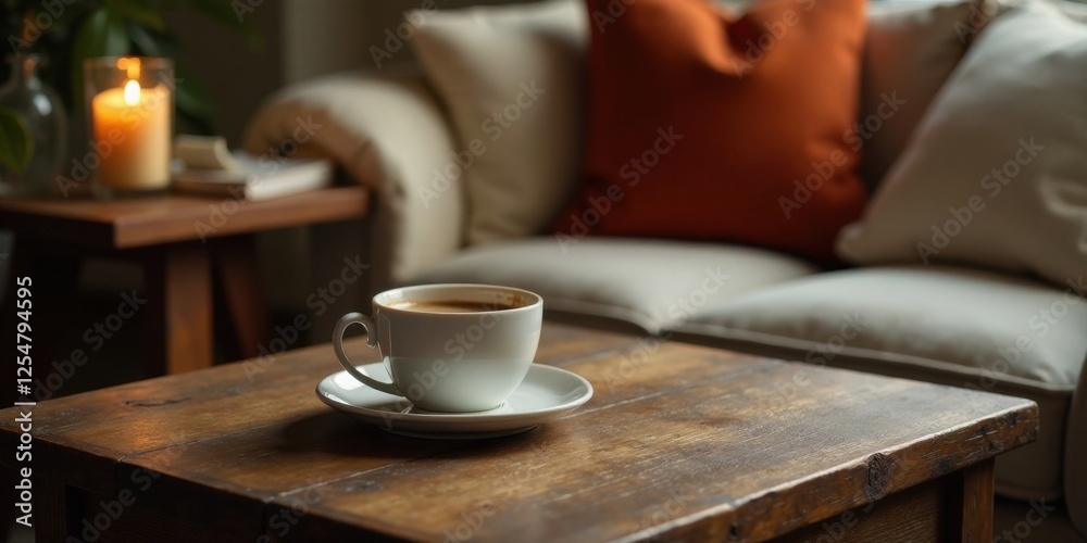 A warm cup of coffee sits on a rustic wooden table, in front of a cozy sofa with plush cushions, creating a relaxing atmosphere for quiet contemplation A warm cup of coffee sits on a rustic wooden table, in front of a cozy sofa with plush cushions, creating a relaxing atmosphere for quiet contemplation