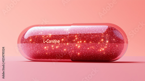 Photo of a bold red capsule with glossy transparent coating filled with L-Carnitine, designed for fitness and fat-burning supplements.