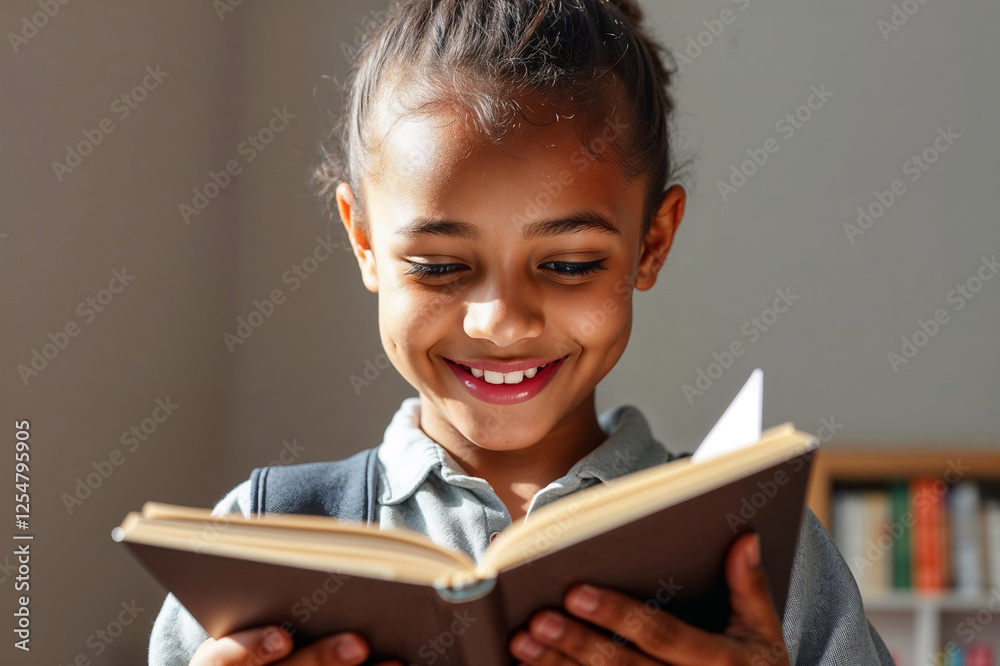 Young girl reading a book with a smile , Young girl of African descent happily reads a book at home , Generative AI Young girl reading a book with a smile , Young girl of African descent happily reads a book at home , Generative AI