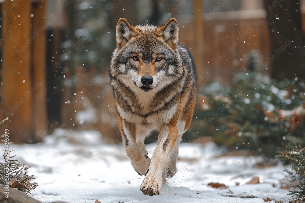 Fototapeta premium Majestic Wolf Running in Snow, Full-Body Shot. Captured with Natural Light, High Resolution, Super Detailed.