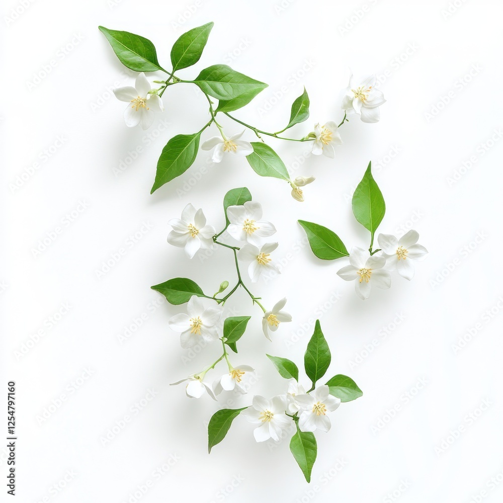 Fototapeta premium White flowers, green leaves, flat lay, studio shot, floral design