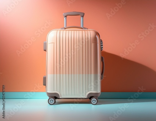 A light gentle abstract background featuring a salmon and white suitcase on wheels with a vibrant gradient photo