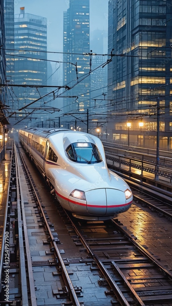 Fototapeta premium High Speed Train Traveling Through City at Night