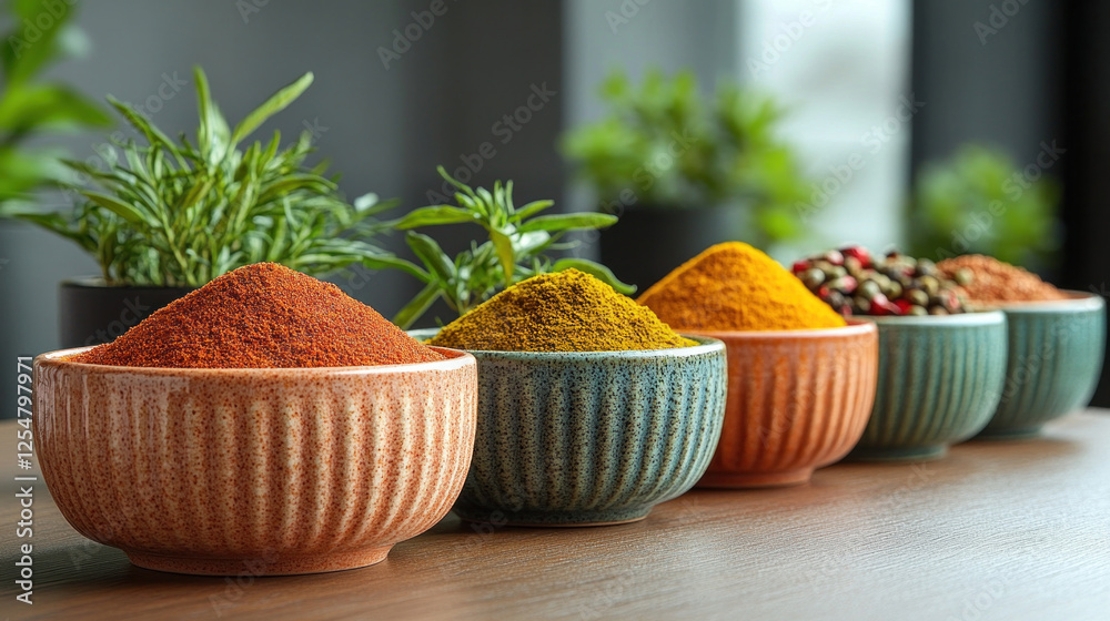 Spices in ceramic bowls, including chili powder, turmeric, and cumin, styled in a vibrant setup Spices in ceramic bowls, including chili powder, turmeric, and cumin, styled in a vibrant setup