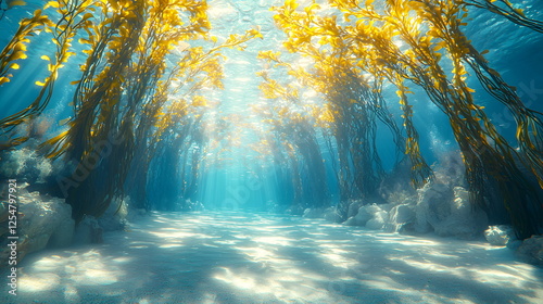 Dazzling underwater scene with golden kelp swaying gently in the ocean current and sunlit rays penetrating through water.