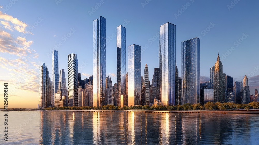 Obraz premium A skyline featuring multiple ultra-modern skyscrapers with mirrored glass exteriors.