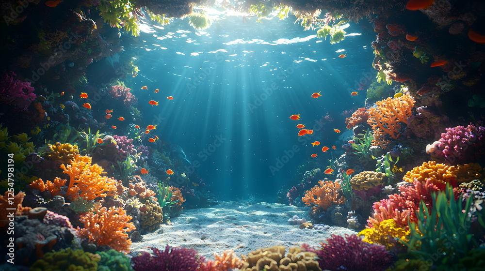 Fototapeta premium Vibrant coral reef underwater scene with colorful coral formations and tropical fish swimming peacefully.