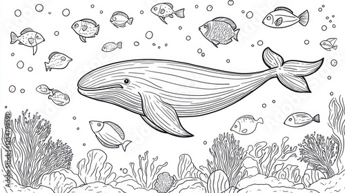 Whale underwater, ocean scene, coloring page, educational tool photo