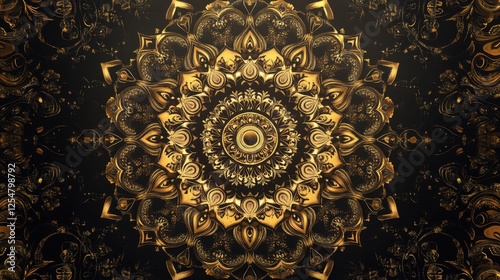 Intricate golden mandala design emanating tranquility and beauty in a dark background