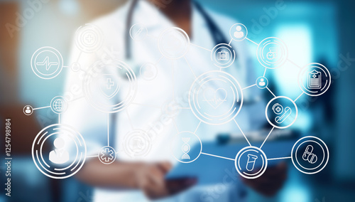 A healthcare professional engages with advanced technology, utilizing digital tools for AI diagnostics and virtual care. Background hints at a modern healthcare facility focusing on innovation