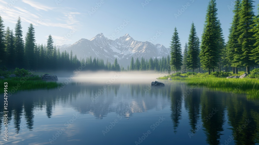 Serene mountain lake scene, tranquil morning light reflects snowy peaks, lush green forest surrounds a still lake, digital painting style, peaceful Serene mountain lake scene, tranquil morning light reflects snowy peaks, lush green forest surrounds a still lake, digital painting style, peaceful