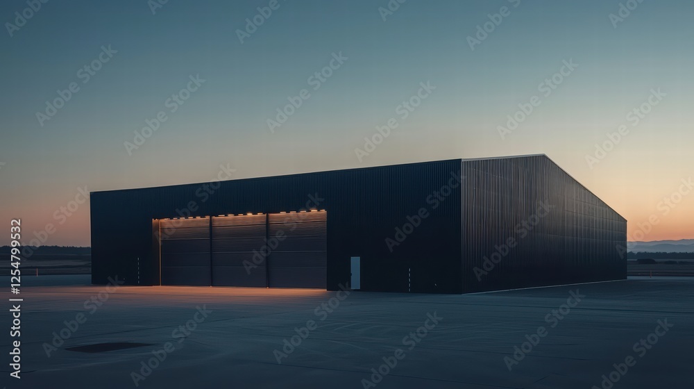 Obraz premium Industrial Sunset: A large, dark hangar stands solitary against a dusky twilight sky. The building's sleek, minimalist design is emphasized by the soft.