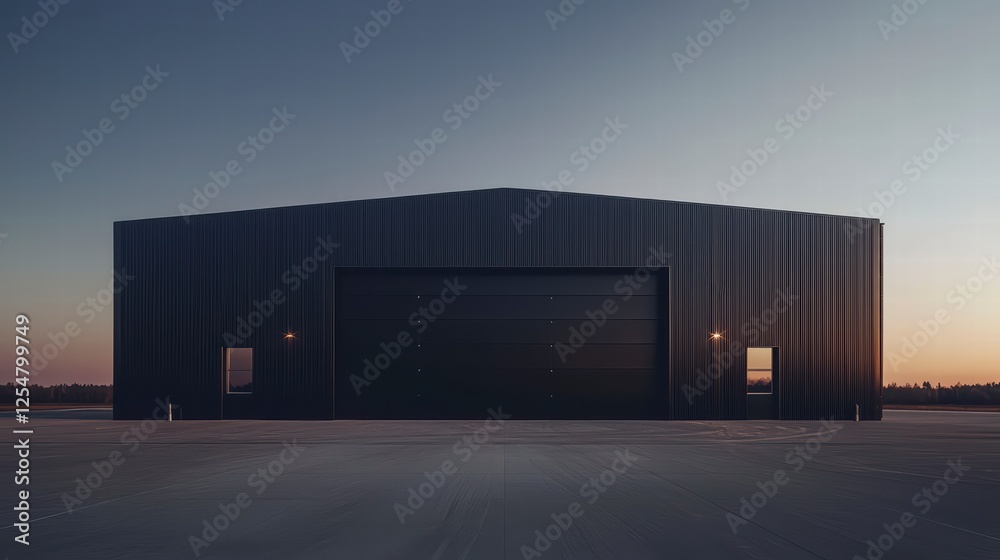 Obraz premium Black Hangar at Dusk: A sleek, black hangar stands solitary against a twilight sky, its large roll-up door a stark contrast to the soft, fading light.