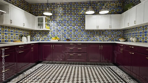  Artistic kitchen with bold patterns, colorful tiles, and custom-painted cabinetry, Cinematic, Slow Motion