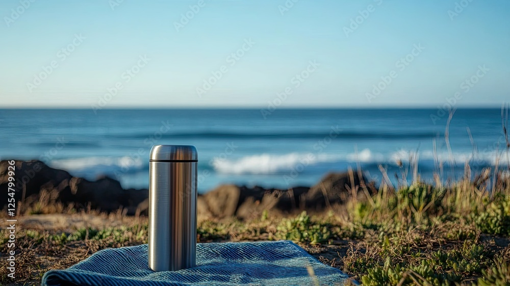 Fototapeta premium A stainless steel thermos resting on a beach towel near the shore, with a serene ocean backdrop.