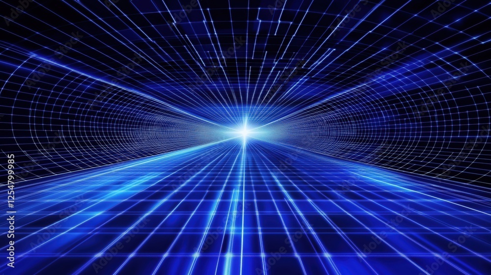 Obraz premium Dynamic Blue Light Flowing Through a Futuristic Grid Space with a Radiant Center