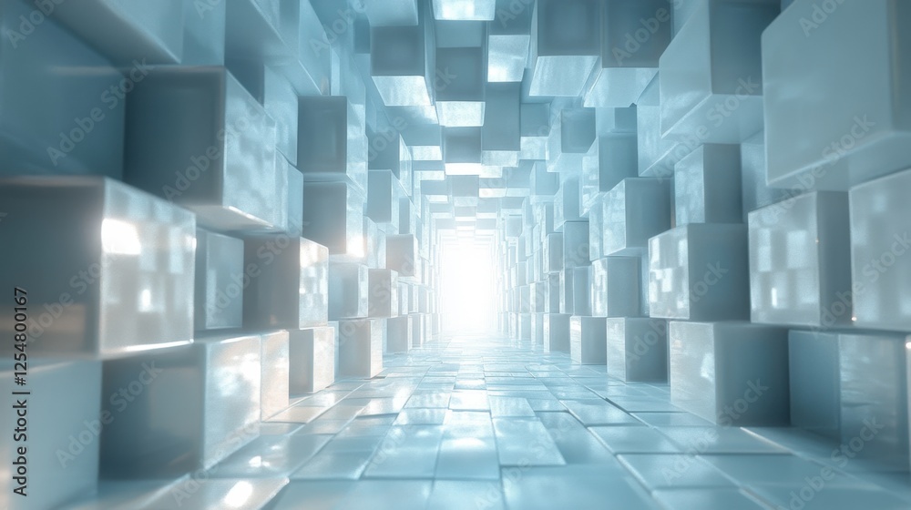 Exploration of a mesmerizing light tunnel filled with glowing cubes in a futuristic digital world Exploration of a mesmerizing light tunnel filled with glowing cubes in a futuristic digital world