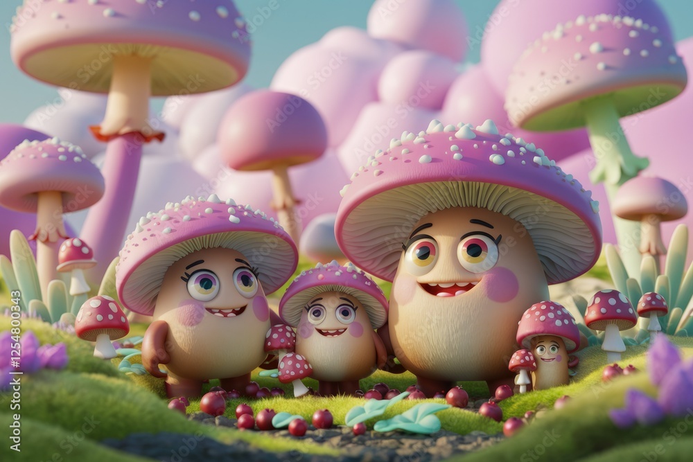 Fototapeta premium A happy family of cartoon mushrooms reside in a whimsical, pastel-colored mushroom forest.