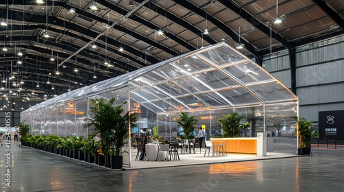 Transparent Pavilion Interior: A modern, transparent pavilion structure inside a large warehouse, showcasing an indoor garden with potted plants and comfortable seating areas. photo