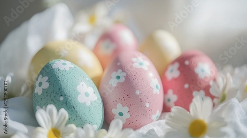 Delicate pastel eggs adorned with floral designs rest on soft white fabric, surrounded by fresh daisies. This festive arrangement captures the joy of spring and the Easter spirit beautifully