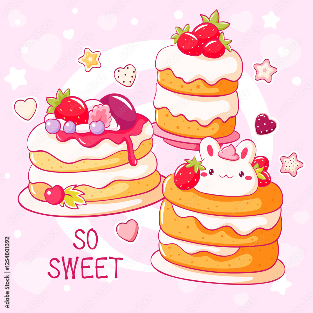 Card with cute dessert in kawaii style. Pile of pancakes with whipped cream and strawberry. Inscription So sweet. Can be used for t-shirt print, sticker, greeting card. Vector illustration EPS8 Card with cute dessert in kawaii style. Pile of pancakes with whipped cream and strawberry. Inscription So sweet. Can be used for t-shirt print, sticker, greeting card. Vector illustration EPS8