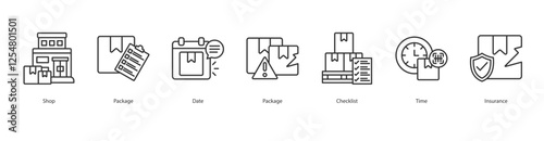 Supply Chain Differences Icon Sheet Shop, Package, Date, Package, Checklist, Time, Insurance