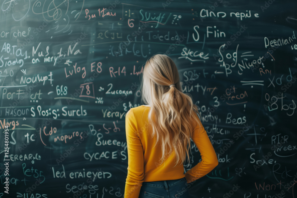 Woman is looking at a blackboard with a lot of numbers and letters on it Woman is looking at a blackboard with a lot of numbers and letters on it