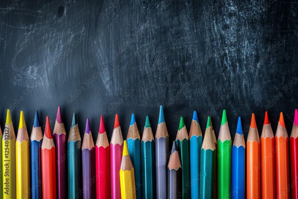 Row of pencils with different colors are lined up on a black chalkboard Row of pencils with different colors are lined up on a black chalkboard
